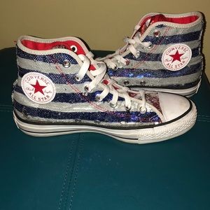Red/silver/blue Converse All Star Hi Tops - 8 (w)